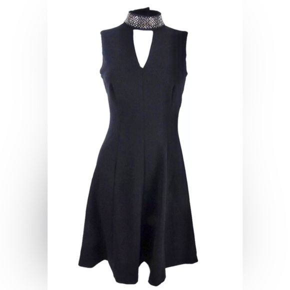 Calvin Klein Dresses & Skirts - Calvin Klein Black Gold Metallic Embellished Mock Neck Fit & Flare Dress size 12